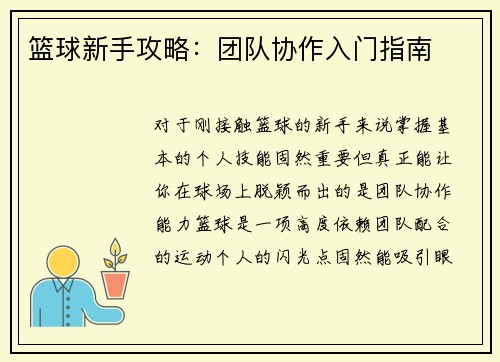 篮球新手攻略：团队协作入门指南
